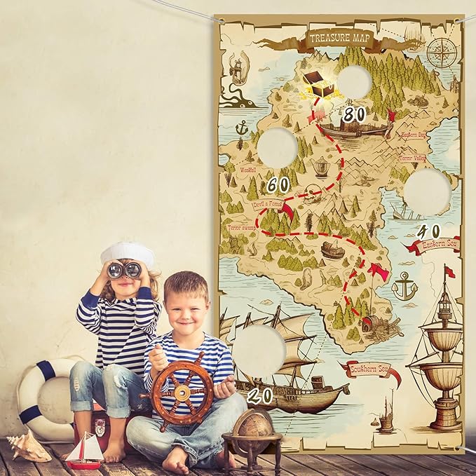 Carnival Pirate Party Games, Pirate Toss Games Banner with 4 Bean Bags Set for Indoor Outdoor Toss Across Game Treasure Map Theme Carnival Games for Kids Birthday Party Supplies Decoration