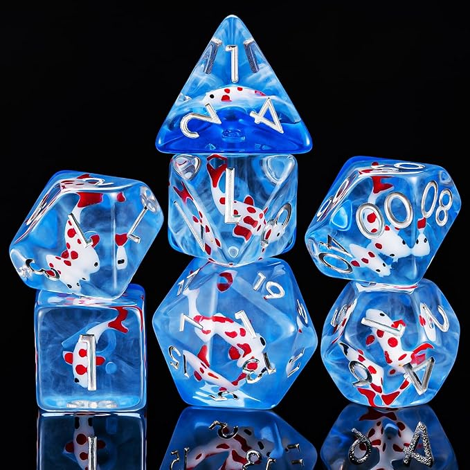 Red Fish Resin D&D Dice Set, Polyhedral Dice for Dungeons and Dragons Role Playing Games (D20, D12, D10, D8, D6, D4)