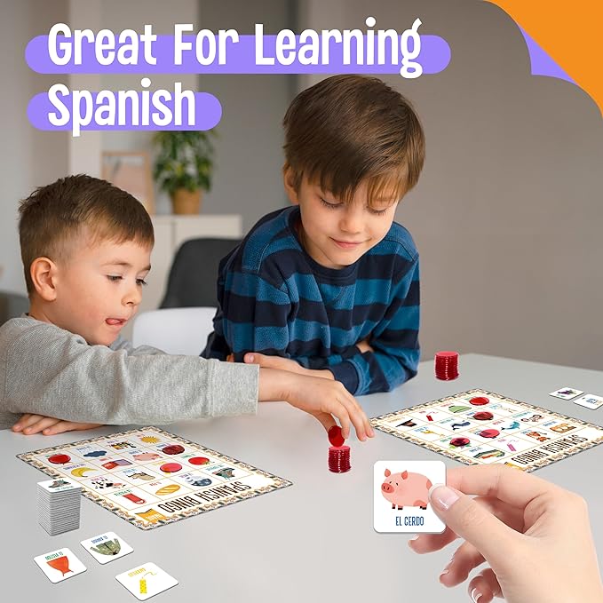 Spanish Bingo Game, 12 Vocabulary Bingo Board Game Bilingual Word Learning Educational Toys for Words Learning - Ages 5 and up (Up to 12 Players)