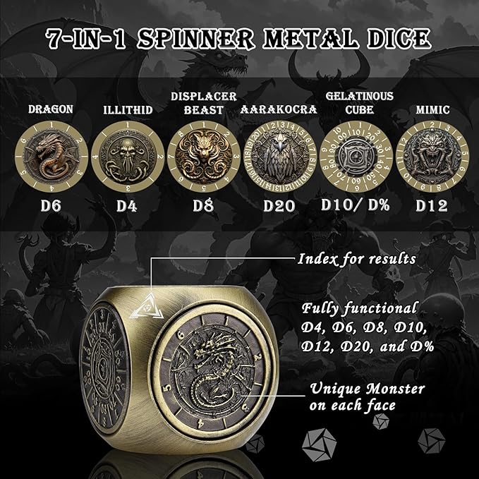 Haxtec Spinner Dice 7-in-1 Metal DND Dice Set Unique Dice Spinner Goblins Metal D&D Die for Dungeons and Dragons DND Gifts