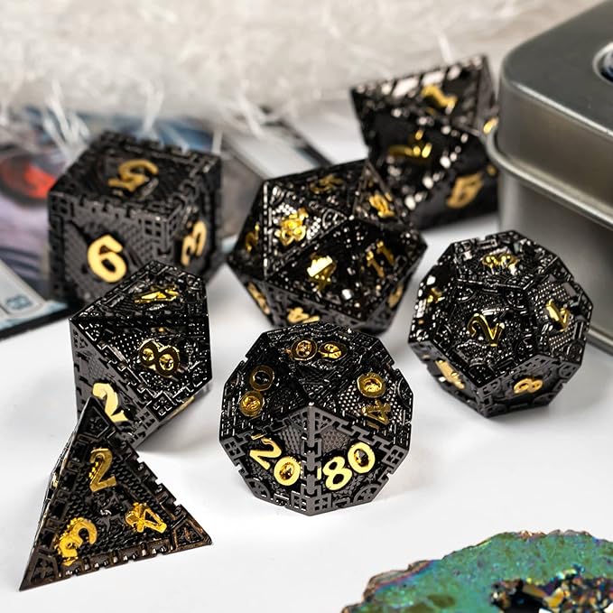 UDIXI 7PCS Metal DND Dice Set, Polyhedral Dice Set D&D Dragon d and d Dice for Role Playing Game Dungeons and Dragons and Other RPG Games (Black Golden)
