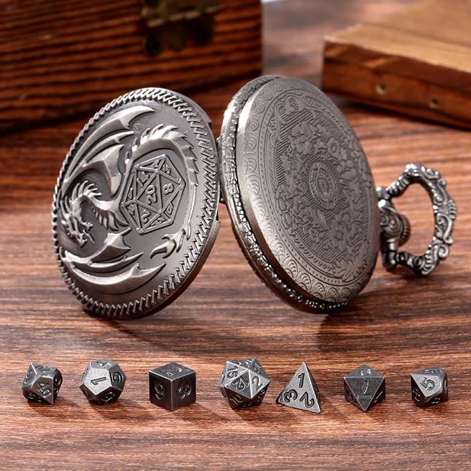 Mini DND Dice Set with Steampunk Dragon Pocket Watch Case, Tiny 7-Piece Polyhedral Metal D&D Dice, DND Gifts with Dragon Logo Gift Bag, Role Playing Game Board Game Accessories Dice, Silver