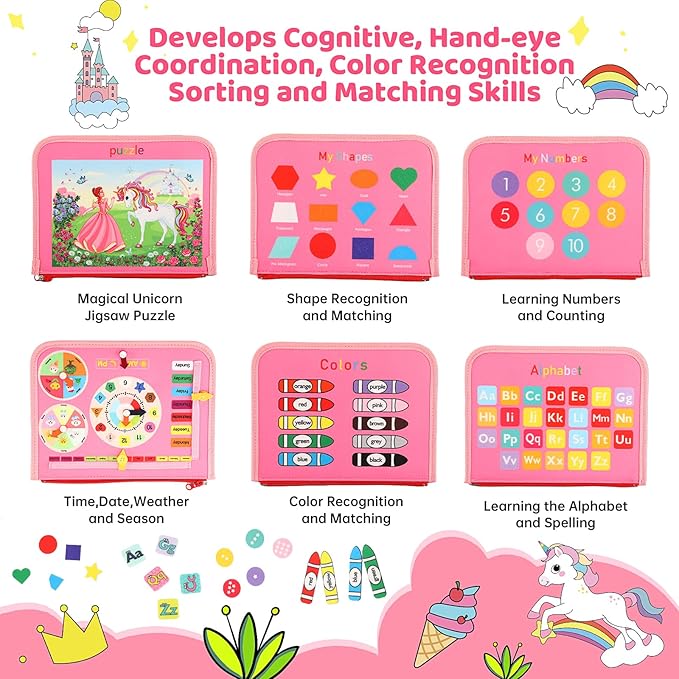 Toddler Busy Board，Busy Book Montessori Toys，Toys for 3 Year Old Girl Birthday Gift，Sensory Bins Toys，Learning Toys，Preschool Learning Activities Book Airplane Travel Essential Kid Toys