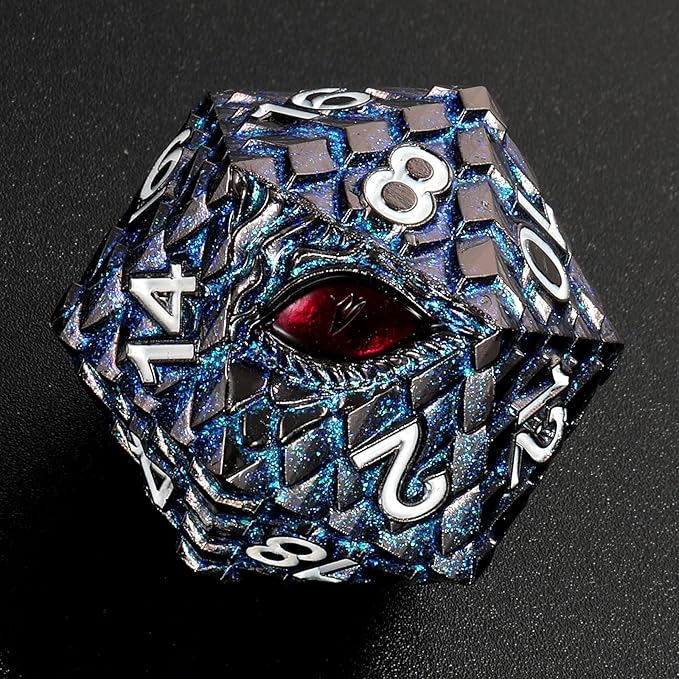 Dragon Eye Scale DND Metal Dice,33mm 20 Sided Giant D20, Large Polyhedral Dice, D&D Metal Dice Set for Dungeons and Dragons, RPG, MTG & Tabletop Games(Glitter Blue with Red Eye)