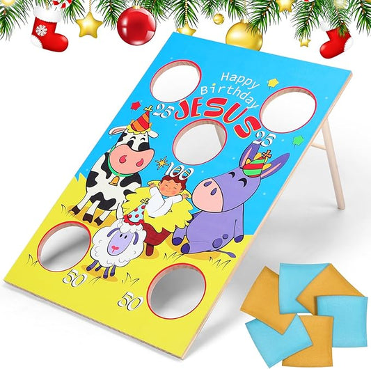 24 x 17 Inch Large Christmas Toss Game Happy Birthday Jesus Bean Bag Game with 6 Bags Religious Christmas Party Favor for Church Sunday School Classroom Family Yard Indoor Outdoor Party Supplies