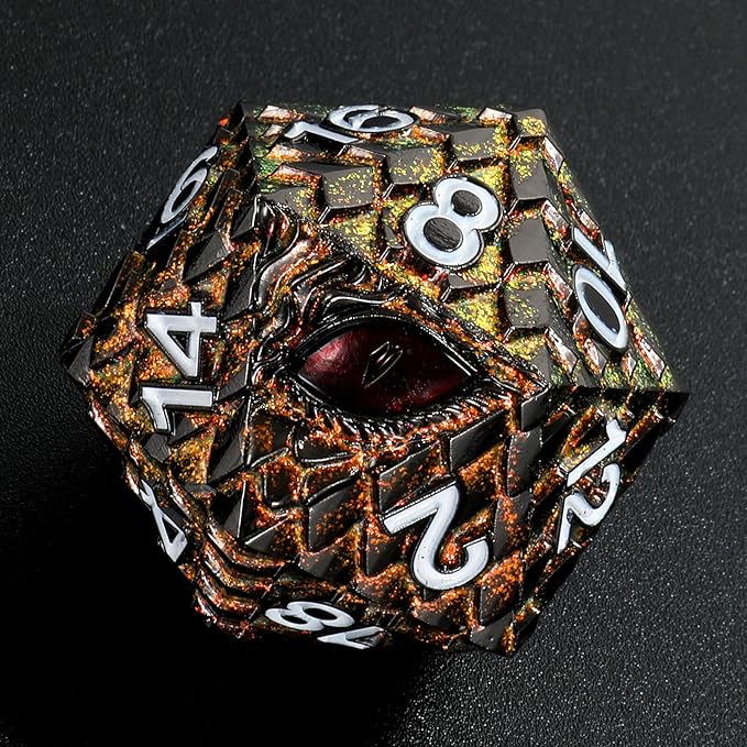 Dragon Eye Scale DND Metal Dice,33mm 20 Sided Giant D20, Large Polyhedral Dice, D&D Metal Dice Set for Dungeons and Dragons, RPG, MTG & Tabletop Games(Glitter Golden with Red Eye)