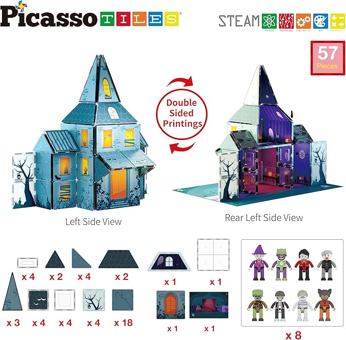 PicassoTiles Haunted House Theme Magnet Tile Building Blocks 8 Action Figures Magnetic Construction Toy Double Sided Printing Education STEM Learning Playset Halloween Adventure Kid Ages 3+ PTQ03