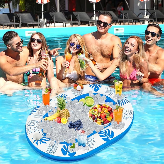 Extra Large Floating Games Table with Waterproof Playing Cards, Inflatable Pool Bar for Adults, Pool Accessories Hot Tub Tray Inflatable Food Drink Holder for Summer Party Indoor Outdoor Beach Pool