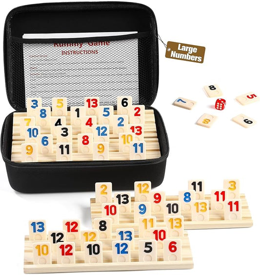 Rummy Cube Game Set with 4 Wooden Racks/Trays, 106 Large Numbers Rummy Tiles Set with Zippered Case, Rummy Travel Game Set with 4 Tiles Holders - Classic Board Games for Family Adults Kids