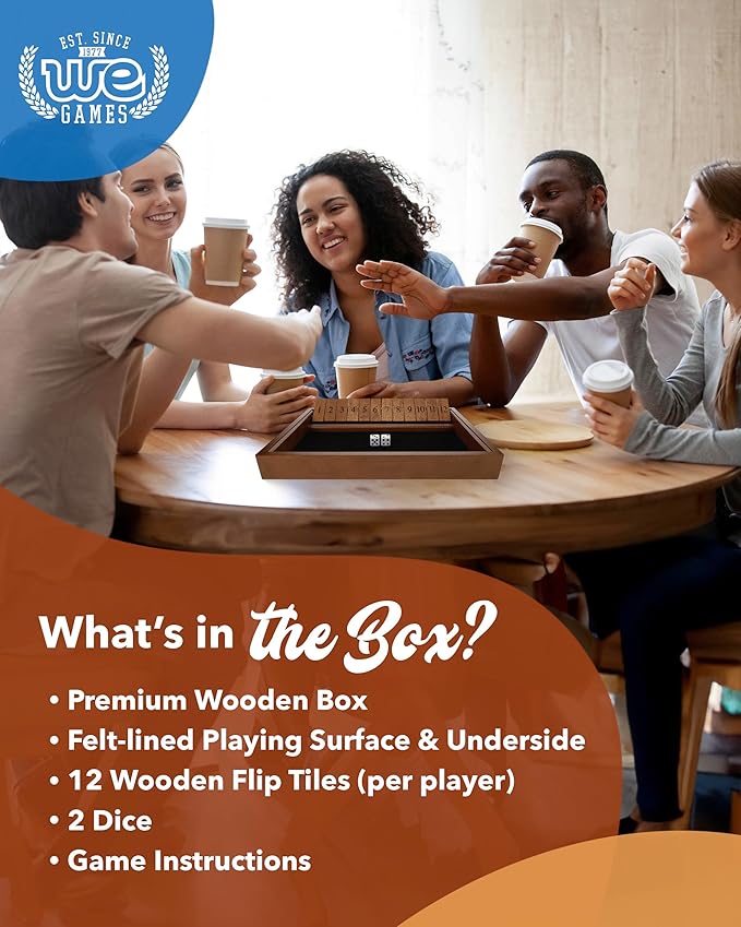 WE Games Wooden Shut The Box - Close The Box Set with 12 Number Tiles & 2 Dice Games - 13.5” Walnut Stained Finish