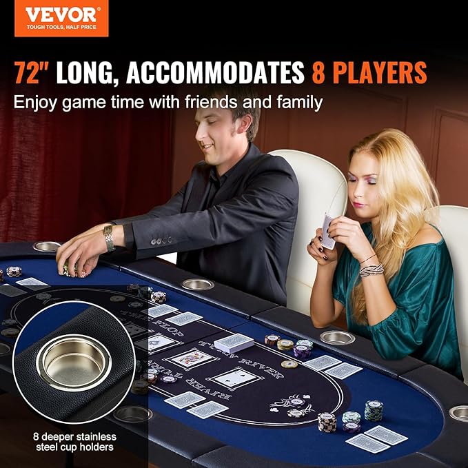 VEVOR Foldable Poker Table for 8 Player, Blackjack Texas Holdem Table with Padded Rails and Stainless Steel Cup Holders, 72" Oval Casino Leisure Table,Blue,Portable Folding Card Board Game Table