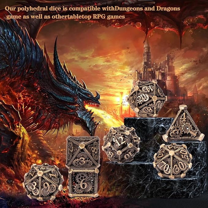 DND Metal Dice Set, UBEUCK 7PCS Gear Metal DND Dice Set for Dungeons & Dragons Board Games Boxes(Bronze Gear)