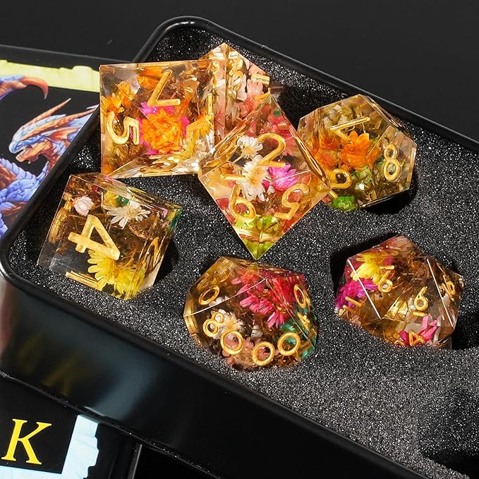 DND Dice Set Dungeons and Dragons Dice Sharp Edged Dice Set of 7 DND Faceted Dice Golden Numbers and Beautiful Iron Box Perfect for Dungeons & Dragons RPG and Board Game(Flowers Moss)