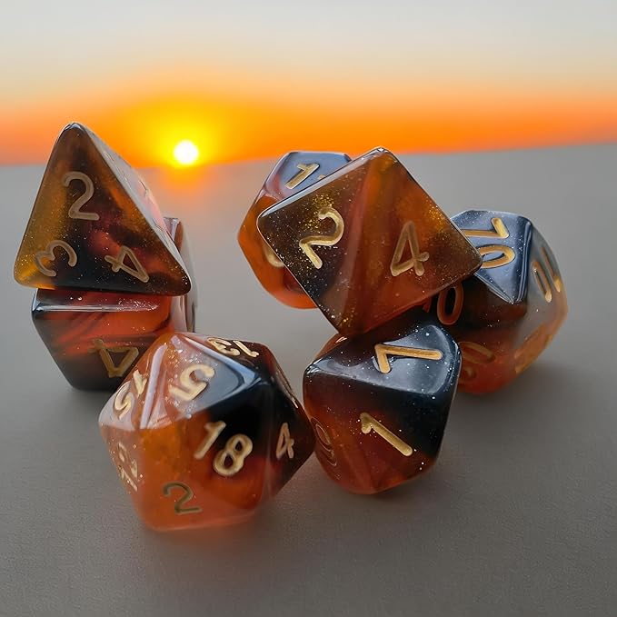 Polyhedral Dice Set, 7 PCS Dice Kit of D4 D6 D8 D10 D% D12 D20 Compatible with Dungeons and Dragons DND TTRPG MTG Table Role Playing Games(Black & Orange Nebula+Glitter)