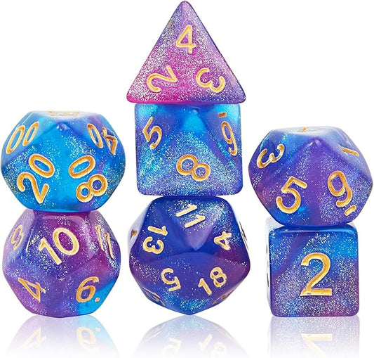 DND Polyhedral Dice Set with a Black Dice Bag for D&D RPG MTG Role Playing Table Games RPG Polyhedral Dice for Dungeon and Dragons Playing Games 7-Die Set (Purple&Blue+Nebula Dice)