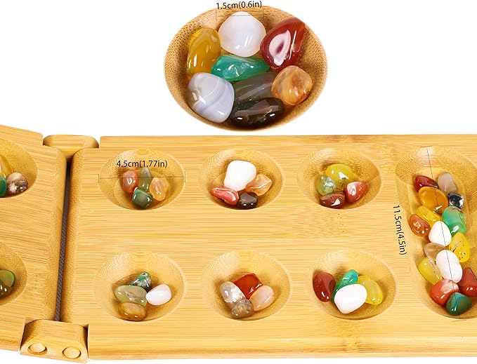 TOWO Mancala Board Game - Kalaha Board Game with Folding Wooden Board Natural Stone Pebbles -Families Board Games-Mancala Games Strategic Game for Kids Adult