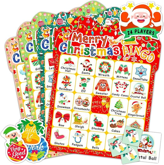 Christmas Bingo Game for Kids 24 Players, Christmas Bingo Cards Holiday Party Games for Family School Classroom Winter Party Supplies Favors Gifts