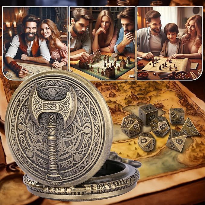 Mini DND Dice Set with Steampunk Barbarian Axe Pocket Watch Shell Case, 7pcs Polyhedral Metal DND Dice Set, D&D Gifts with Gift Box, Role Playing Board Games DND Accessories, Bronze