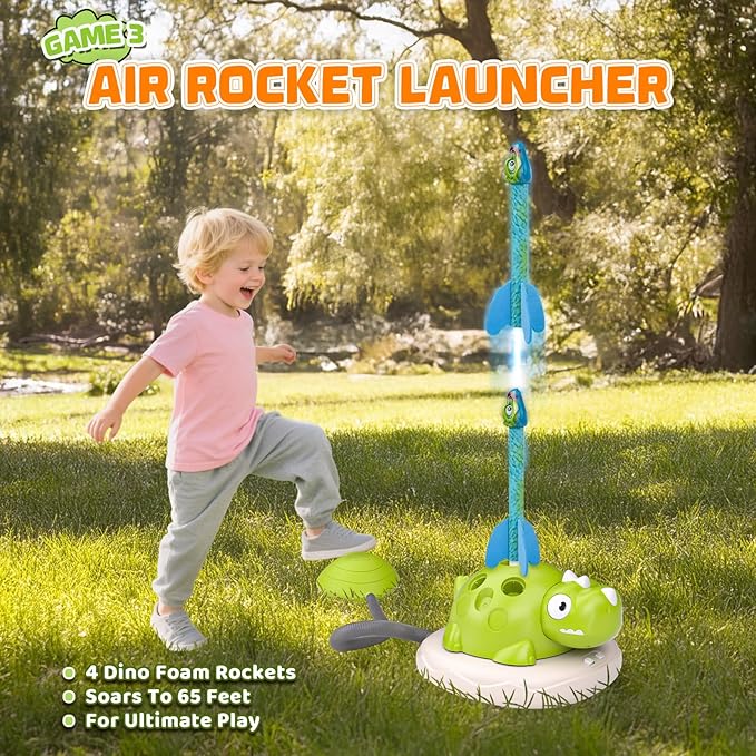 Aliex 3 in 1 Dinosaur Musical Jumping, Toss Ring and Stomping Launch Rocket Launcher, Indoor & Outdoor Sports Toys with Remote Control for Kids Ages 3-8 4-6,Active Outside Toy Gift for Boys and Girls