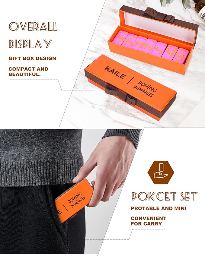 KAILE Pocket Domino Set – Mini Pink Dominoes with Gift Box & Ribbon, Bright Colors, Travel-Friendly Game for Kids & Adults, Idea, Portable Double-Six Set