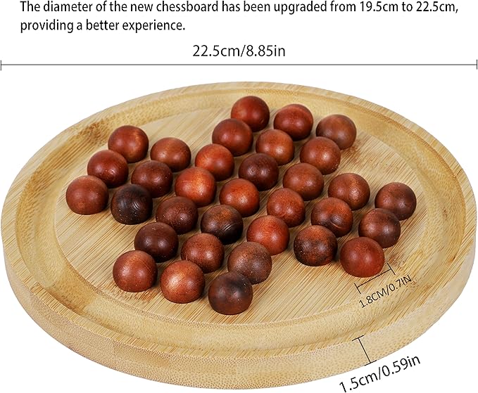 TOWO Wooden Solitaire Game –Peg Solitaire Puzzle Toy - Classic Board Game Marble Chess Mind Game 22.5 CM 8.8” Round Board with Wooden Balls One Player Gameplay Brainteaser Puzzle