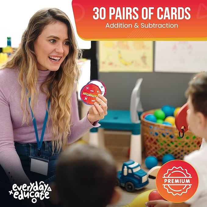 Fun Math Card Game - STEM Mathematics Addition and Subtraction Education - Helps to Teach Early Math Facts with 30 Matching Pairs Preschool Games & Gifts for Boys & Girls Ages 3 and Up