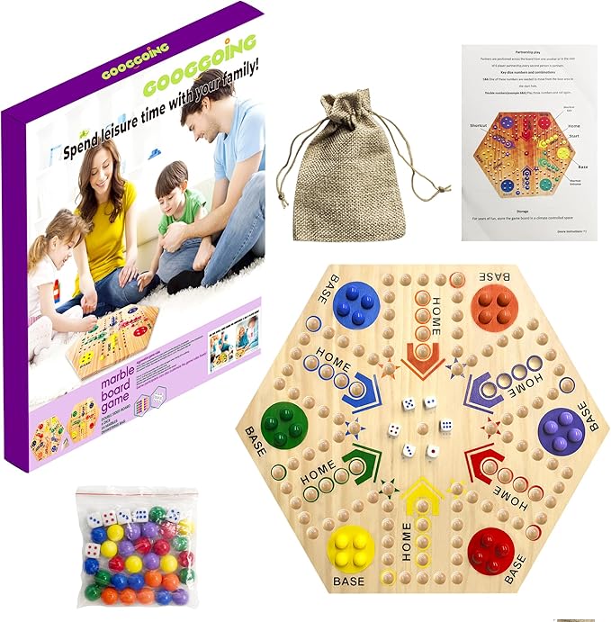 Wooden Board Game, Board Game Original Marble Game Double Sided Painted 2 to 6 Player Fast Track Wooden with 6 Colors 24 Marbles 6 Dice for Adults Kids Family(24 INCH)