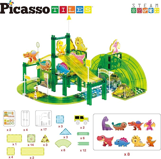 PicassoTiles Dinosaur Magnet Tile Race Car Track with 8 Magnetized Action Figures 2 Cars Accessory Street Sign Kit Magnetic Tiles Construction Building Block Pretend Play Education Toy Ages 3+ PTR02