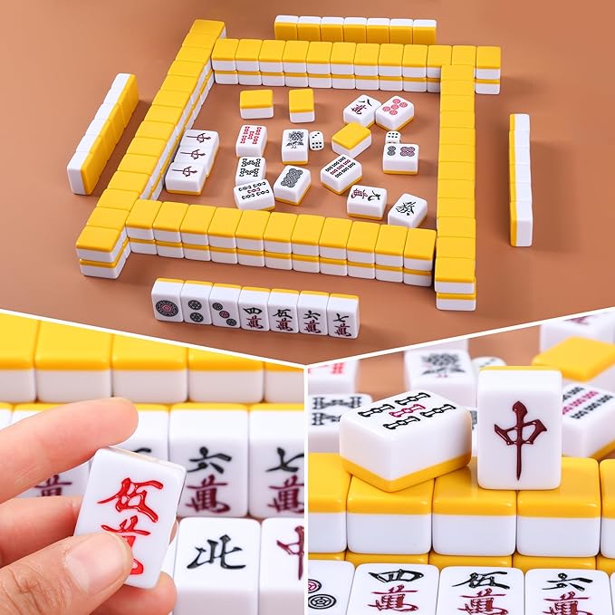 Japanese Riichi Mahjong Set, White and Yellow Tiles - with Red Box, East Wind Tile, Set of Scoring Sticks, Dices, and Mahjong mat.