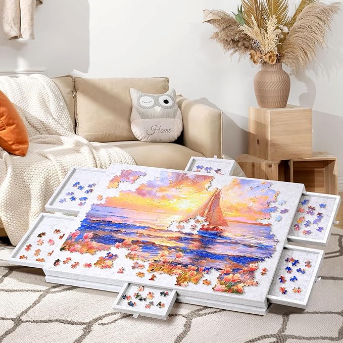 Hatisan Puzzle Board with Drawers & Cover - 1000 Pieces Blanket Jigsaw Puzzle Board with Lazy Susan Spinning Cover Colorful Sorting Trays for Family (Silver, 1000 PCS)