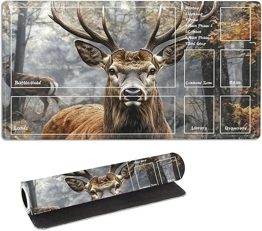for MTG Playmat with Zones Storage Bag, for TCG Playmat and Playing Card Mat for Magic Board Games, Realistic Deer Non-Slip Stitched Edges Game Mat, Rollable Foldable Card Playmats