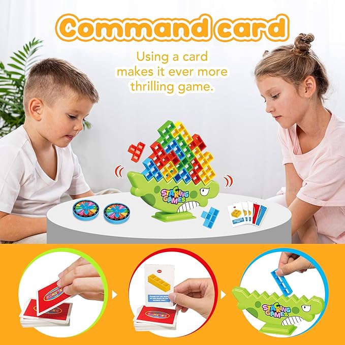 iYuePeng 48Pcs Dinosaur Stack Attack Building Balance Game, Swing Stack Board Game with Cards for Kids Age 3+, Drop The Pile of Blocks Toys for Kids & Adult, 2 Players, Family, Parties, Travel