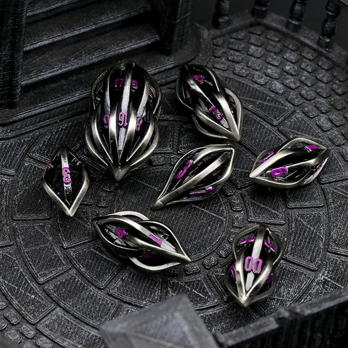 D&D Metal Dice Set Arcanum with Box Hollow Role Playing DND Dice Polyhedral Gaming RPG Dice for Tabletop Dungeons and Dragons D20 D12 D10 D8 D6 D4 (Arcanum Purple Number)