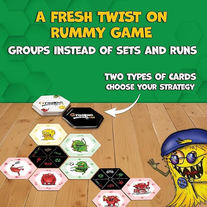 Groopic Monster's Style - A Fun Twist on The Beloved Rummy Game. Board Games for Family Night, Card Games for Kids 8-12, Innovative Rummy Card Game Set, Tile Games for Families, Ages 8+