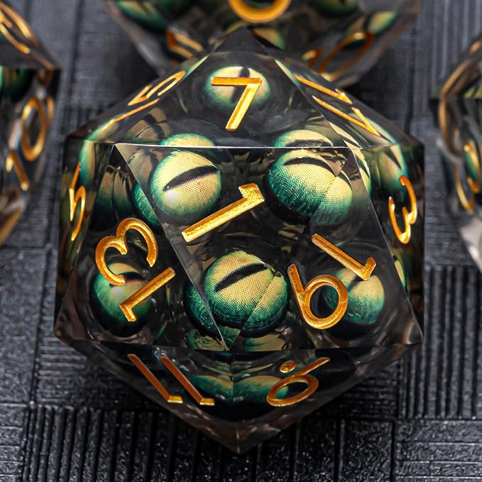 Dungeons and Dragons Dice DND Resin Mixed Eyeball Dice Set 22-32mm Large Sharp Edged Dice Set with Box, Polyhedral D&D Role Playing Game D&D Dice Set D20 D12 D10 D8 D6 D4 (Green Eyes+Gold Ink)