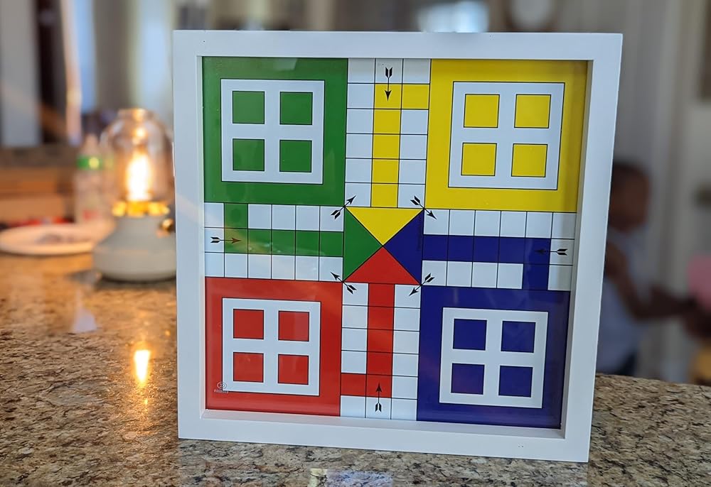 Ludo Board Game with Glass Top17inch x 17inch, Ludo Board Game with 16 Tokens and 2 Dice, Board Game for Family Adults Christmas Thanksgiving Birthday Party Supplies Rustic Vintage Home Decor Gifts