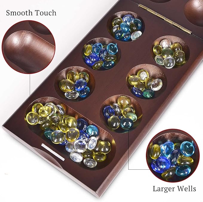 VAMSLOVE Wooden Mancala Board Game with Magnetic Lock / 48+8 Extra Multi Color Glass Stones, Folding Mancala Set for 2 Player, 6 Age and Up (Instructions Included)