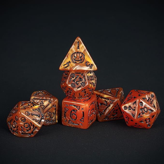 7-Die DND Dice Set Halloween Pattern Polyhedral Die Set with Leather Bag, Skull Dice D&D Die for Dungeons and Dragons RPG Table Games (Halloween Pattern-Orange/Black Number)