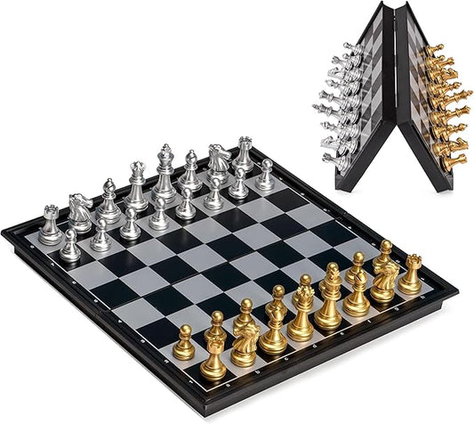 Magnetic Travel Chess Set Game with Folding Board Portable and Storage Compartment – Great Travel Toy Set by Big Mo’s Toys 9.7"