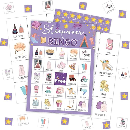 Sleepover Bingo Card, Slumber Bingo Set for Adults Large Group Family Friends, Pajama Party Game, Spa Party Supplies Decorations, Holiday Games for 24 Players -02