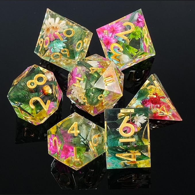 DND Dice Set Sharp Edged Dice Set of 7 DND Faceted Dice Golden Numbers and Beautiful Iron Box Perfect for Dungeons & Dragons RPG and Board Game(Flower Gold)