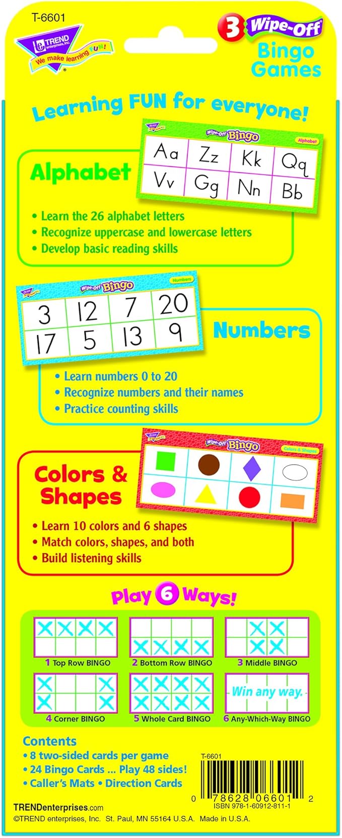Alphabet, Numbers, Colors & Shapes Wipe-Off Bingo Game Enterprises, Inc.
