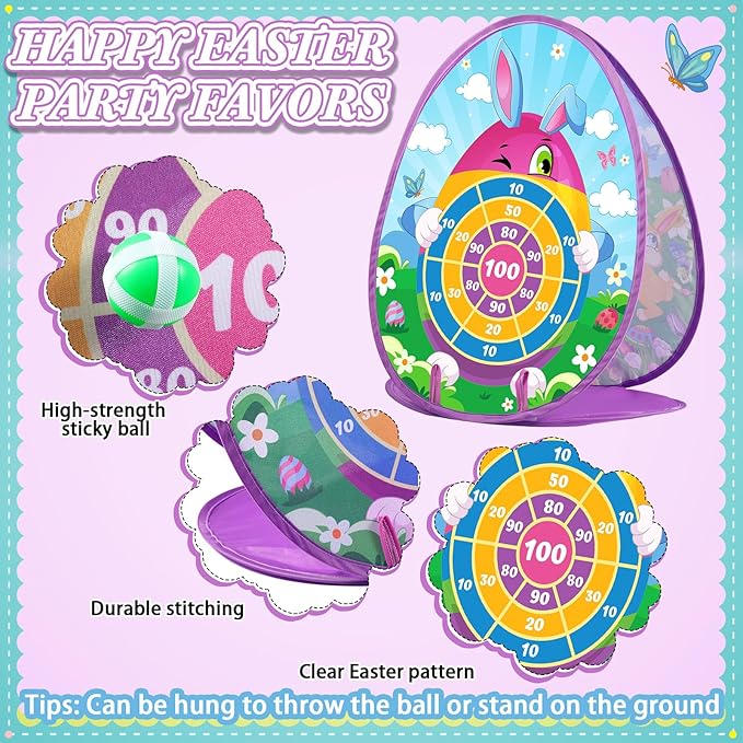 Blosssound 2 in 1 Easter Games for Kids Bunny Cornhole Board and Dart Board with 8 Sticky Balls 8 Bean Bags 4 Stakes Easter Bean Bag Toss Game for Toddlers Kids Family Outdoor Indoor Activities