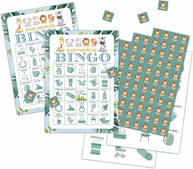 Jungle Animal Bingo Cards, Safari Baby Shower Bingo Game for 24 Players, Gender Reveal Party Games, Family Friends Activities, Baby Shower Party Favors Supplies Decorations(04)