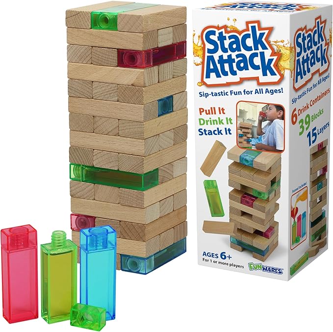 Funwares Wooden Blocks Stacking Game, Tumbling Tower and Balance Game, Family & Party Fun, Game for Kids and Adults, Ages 6+, Stack Attack- Add a Beverage Twist to Stacking Games