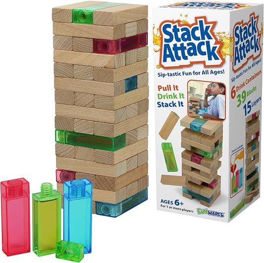 Funwares Wooden Blocks Stacking Game, Tumbling Tower and Balance Game, Family & Party Fun, Game for Kids and Adults, Ages 6+, Stack Attack- Add a Beverage Twist to Stacking Games