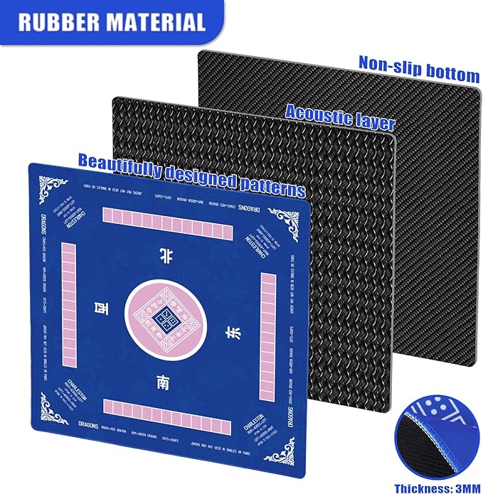 31.5 Inch Mahjong Mat for Table, 3MM Non-Slip & Noise Reduction Gaming Mat with Drawstring Bag, Perfect for Poker, Board Games, Card Games, Tile Games, and Dominoes (Bule)