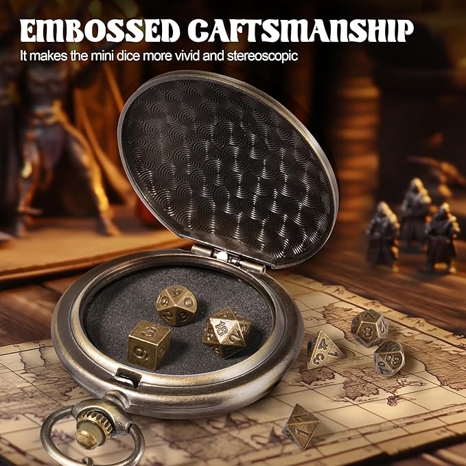 D&D Dice Set,7PCS Metal Dice for Dungeons and Dragons,Mini Dice Set with Pocket Watch Case,Role Playing Board Games Accessories (Monster, Bronze)