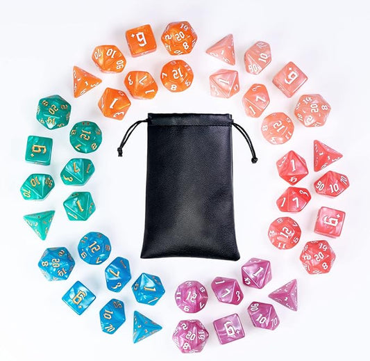 6 Sets DND Dice Polyhedral Dice Set (42pcs) with 1 Large Leather Bag, D&D Dice Set for Dungeons and Dragons, RPG Table Games. (6 Sets Sickle Font Pearl Patte)