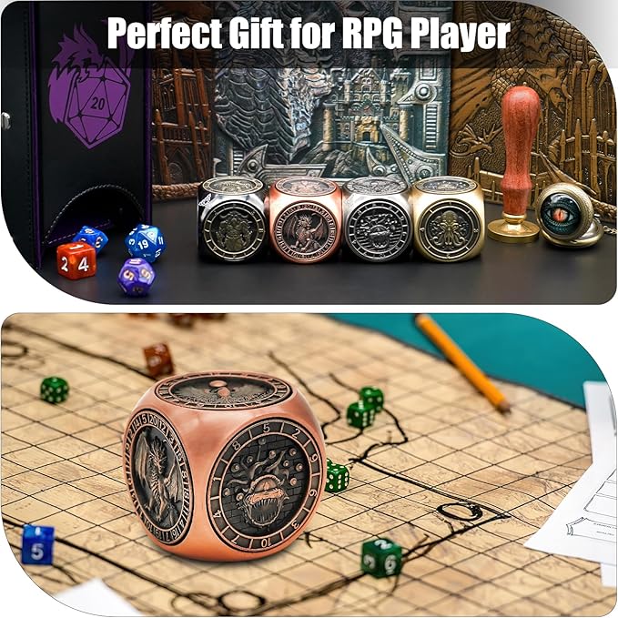 DND Spinner Dice, 7 in 1 Unique Metal Dice Set with 3D Relief for Dungeons and Dragons Gifts, Cool Polyhedral Role Playing Game Dice, Fantasy D&D Tabletop RPG Accessories for DM & Player (Copper)